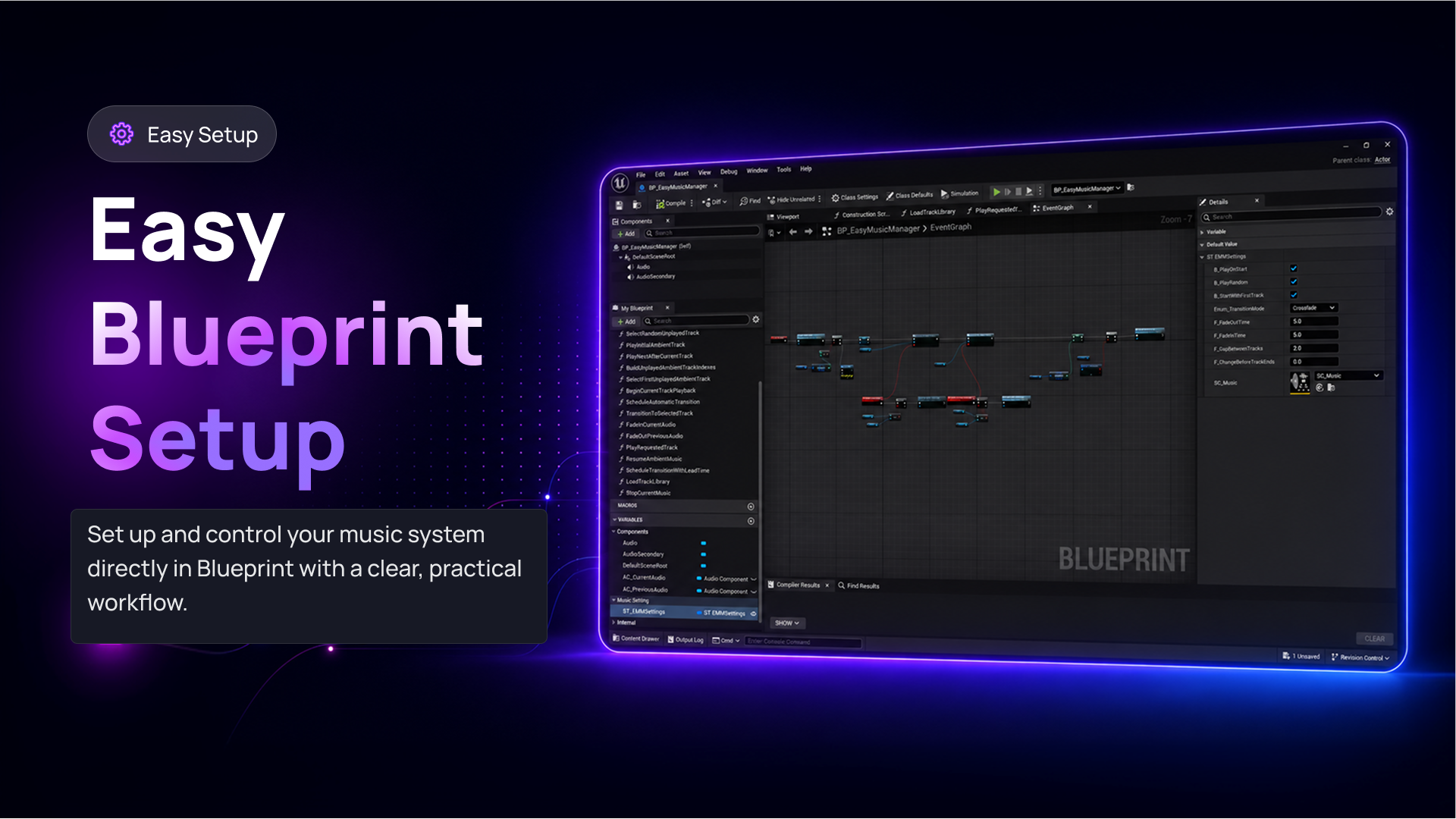 Unreal Engine 5 audio manager Blueprint event graph and settings panel