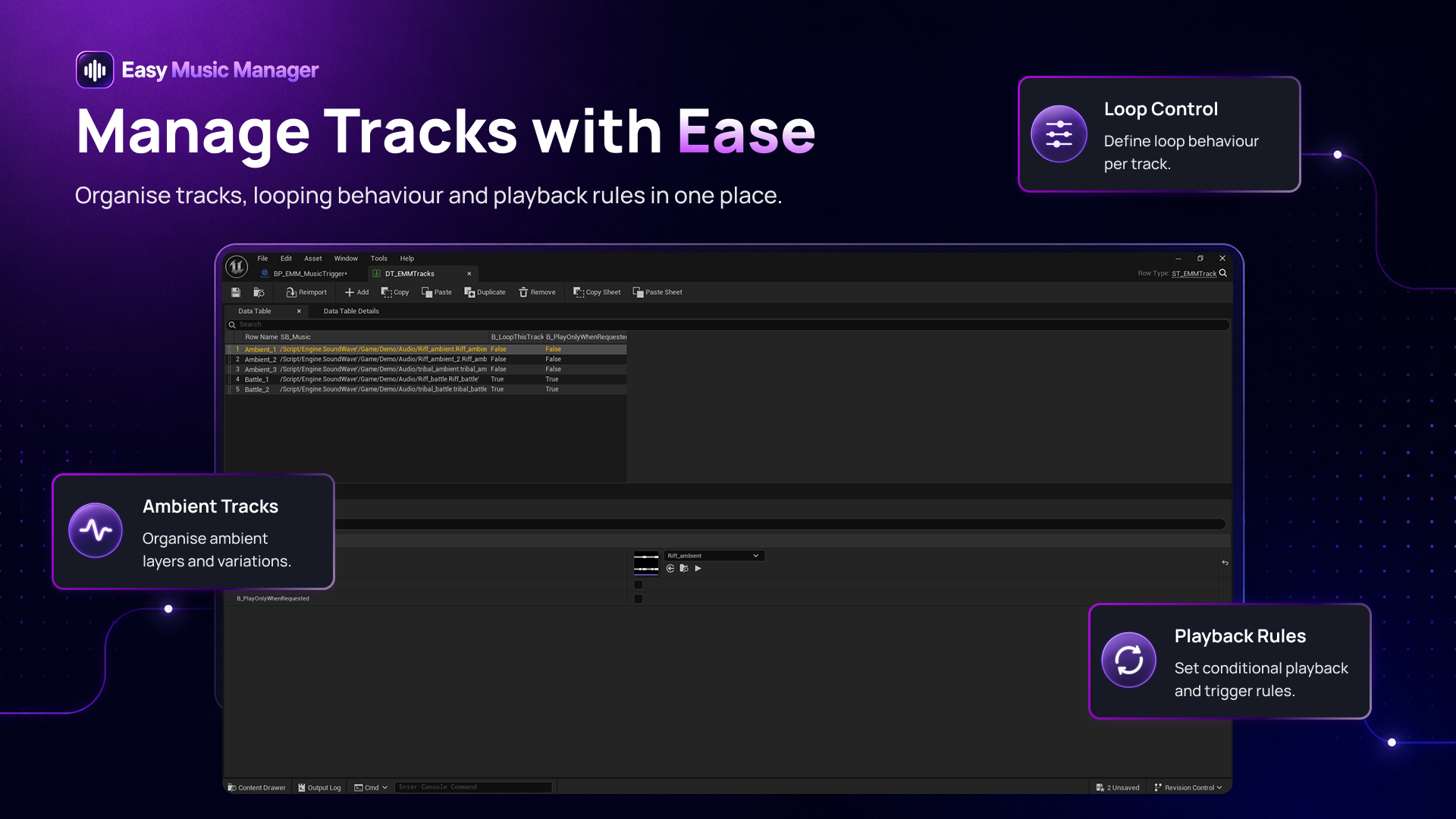 Unreal Engine 5 music manager DataTable with one row per music track
